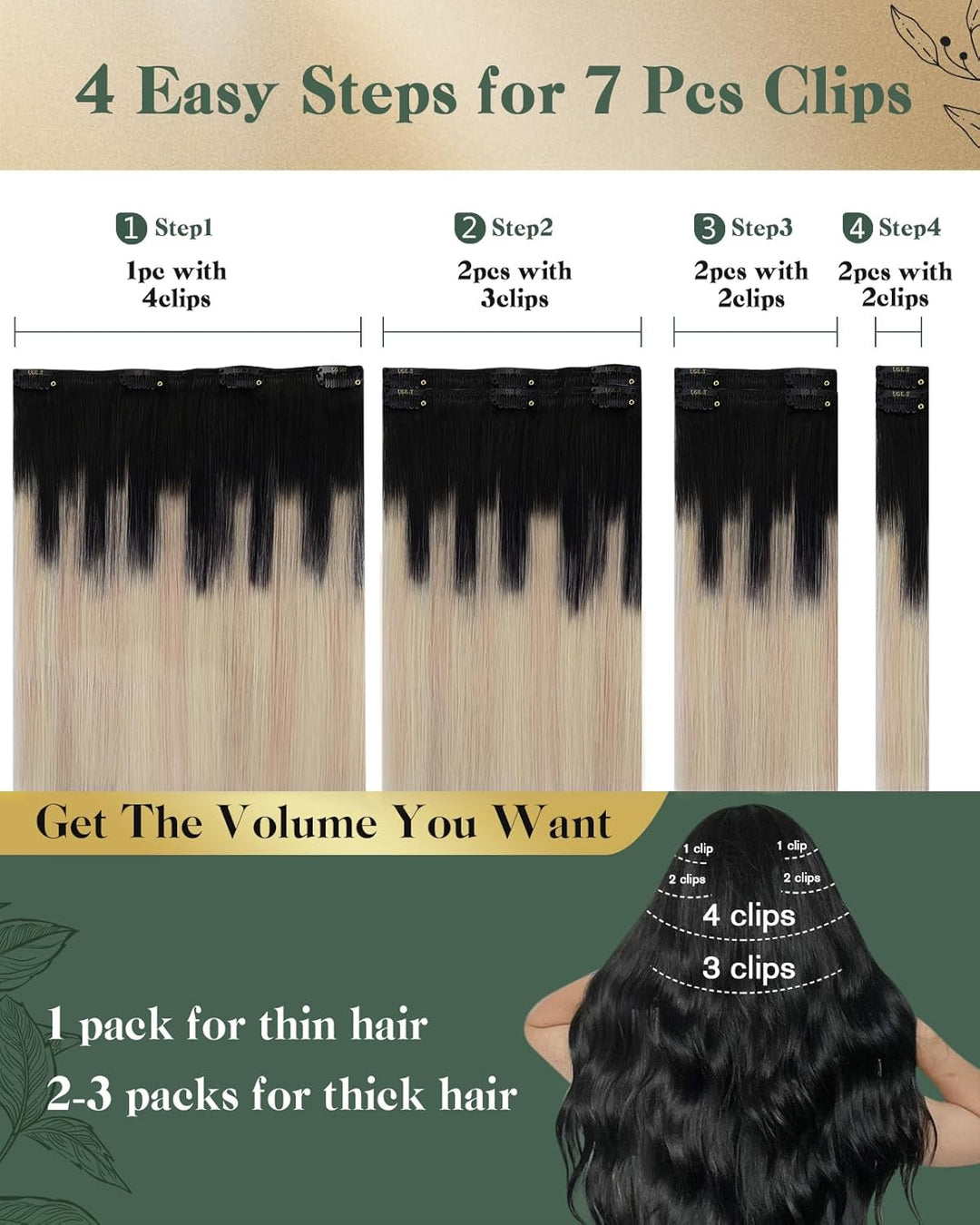 Ugeat Clip Extensions Echthaar Blond Balayage 50cm 120Gramm Echthaar Clip Extensions #1B/18/60 Black