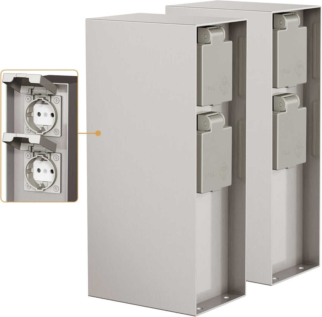 ledscom.de Garten Steckdosensäule POMI, Outdoor, IP44, 4-Fach, Edelstahl, eckig, 23 cm, 2 STK. 2 Stü