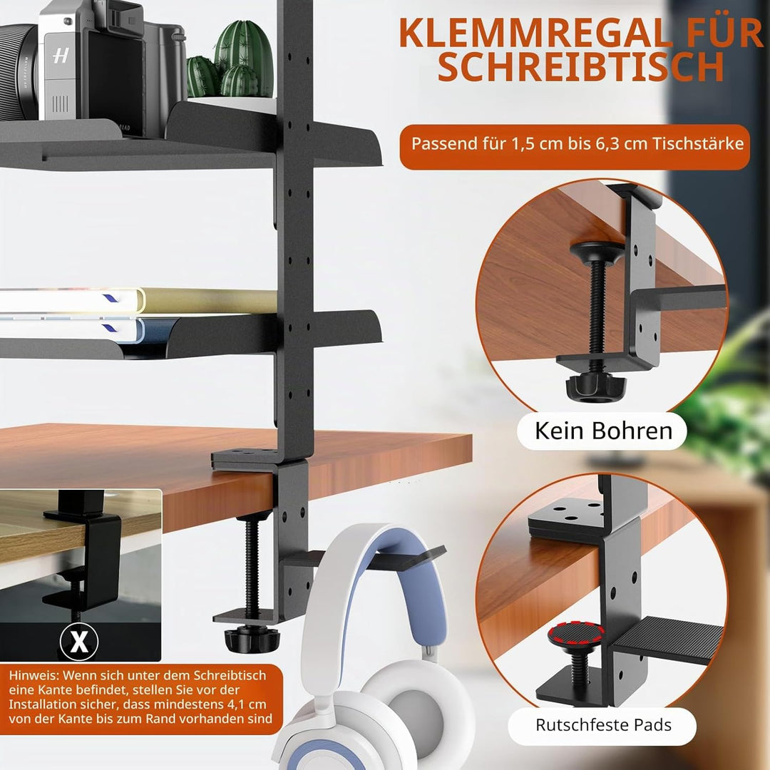 3 Stufen Clamp-On Schreibtisch Regalaufsatz mit Verstellbarem Ablagefach und Kopfhörerständer über o