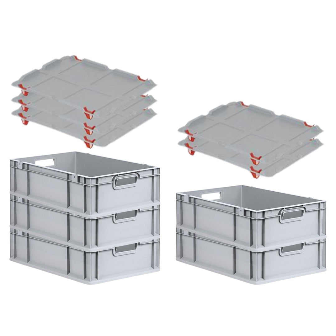 PROREGAL SuperSparSet 5x Eurobox NextGen Grip mit Auflagedeckel &amp; 4 roten Schiebeschnappverschlüssen
