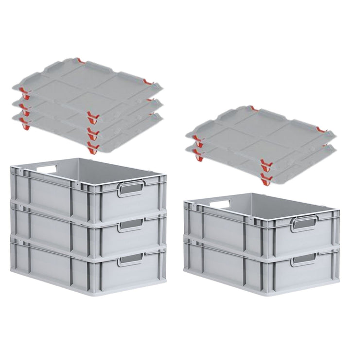PROREGAL SuperSparSet 5x Eurobox NextGen Grip mit Auflagedeckel &amp; 4 roten Schiebeschnappverschlüssen