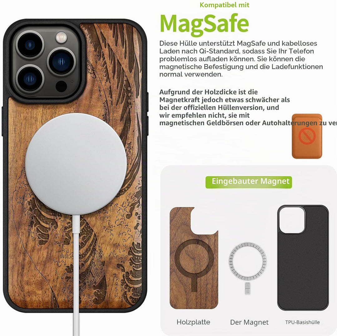 Carveit Handyhülle für iPhone 15 Pro Max Cover Kompatibel mit Magsafe [Holz und TPU Silikon Hybrid h