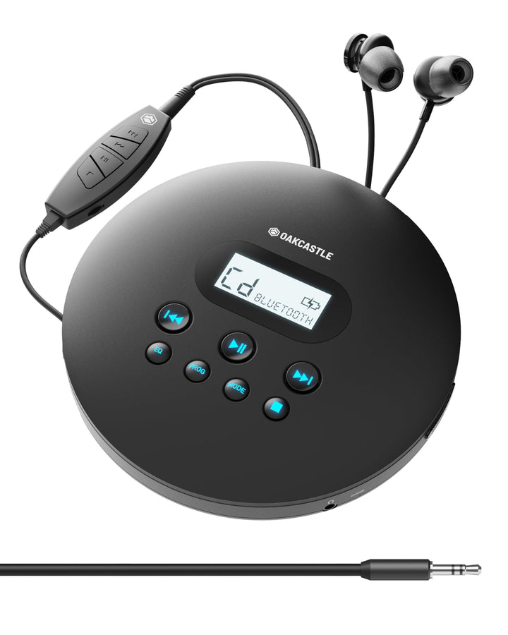Oakcastle CD100 Tragbarer Retro-CD-Player mit Bluetooth, inklusive Kopfhörer mit Kabel, Kleiner CD P