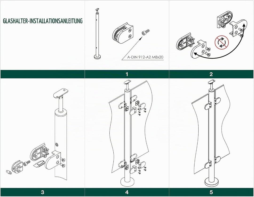 Sellon24® Glashalter 4 Stück Edelstahl Glasklemme Klemmhalter Geländer V2A Eckig 45 x 45 x 28 mm ink