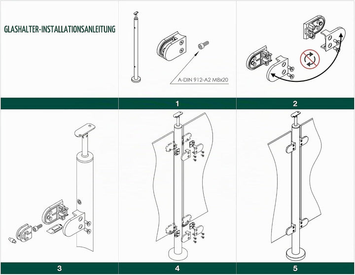 Sellon24® Glashalter 4 Stück Edelstahl Glasklemme Klemmhalter Geländer V2A Eckig 45 x 45 x 28 mm ink