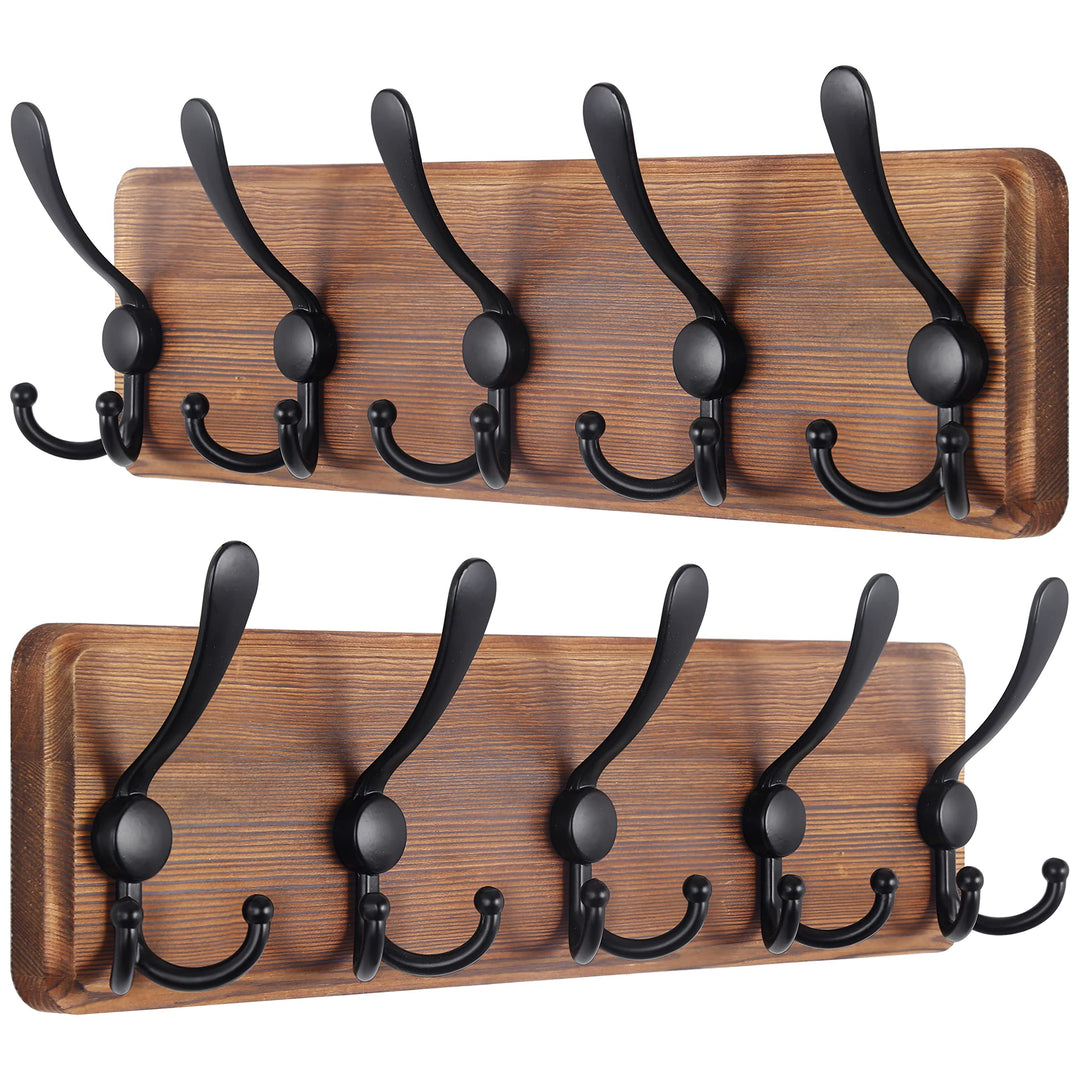 SKOLOO Garderobenleiste Holz, Vintage, Stabile Kleiderhaken Wand mit 5 Dreifachhaken, 2er-Pack, zum