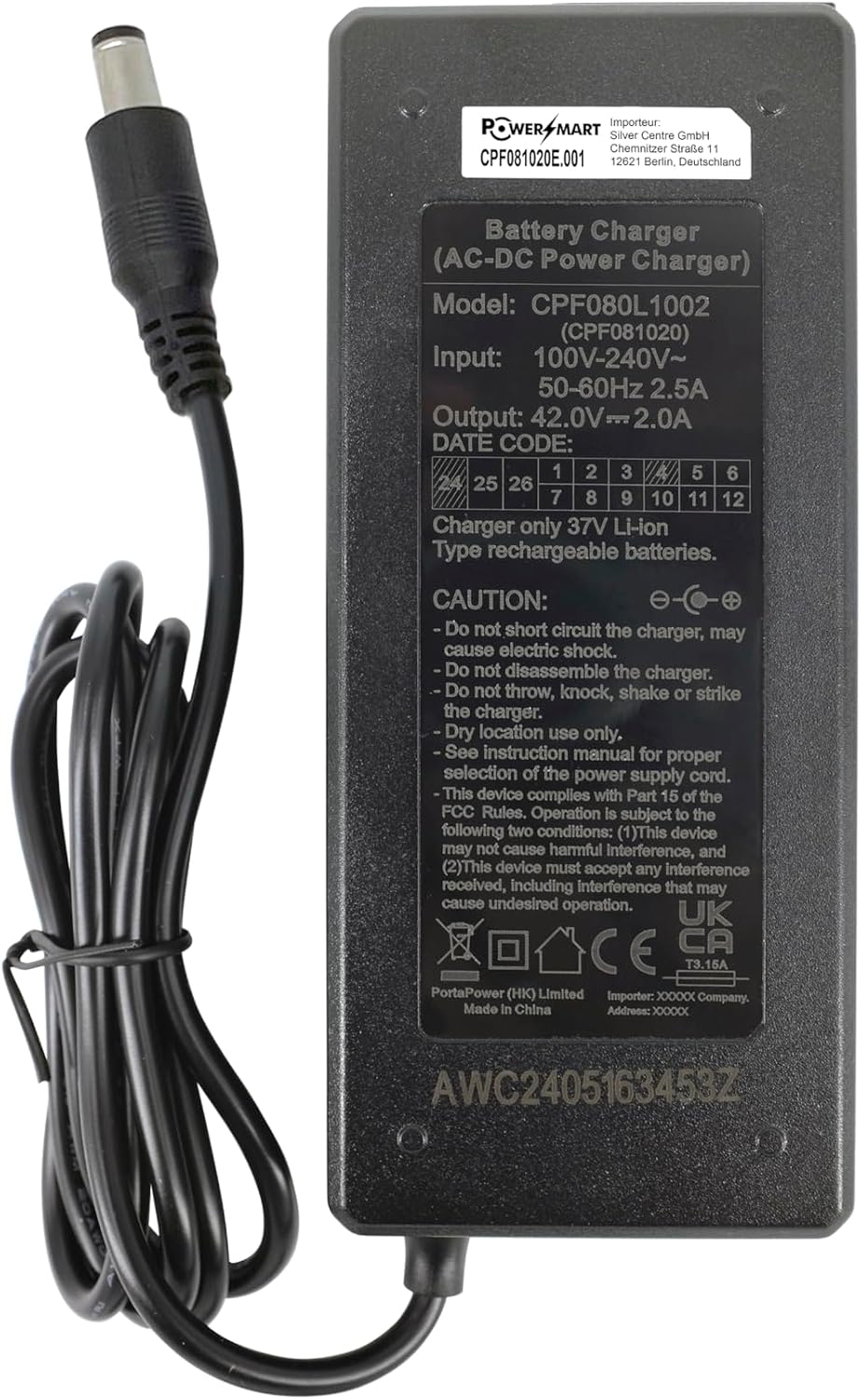 PowerSmart® 42V Ladegerät 2A Netzteil für 36V Akkus von Electrobeat, Union Cadence, Canto