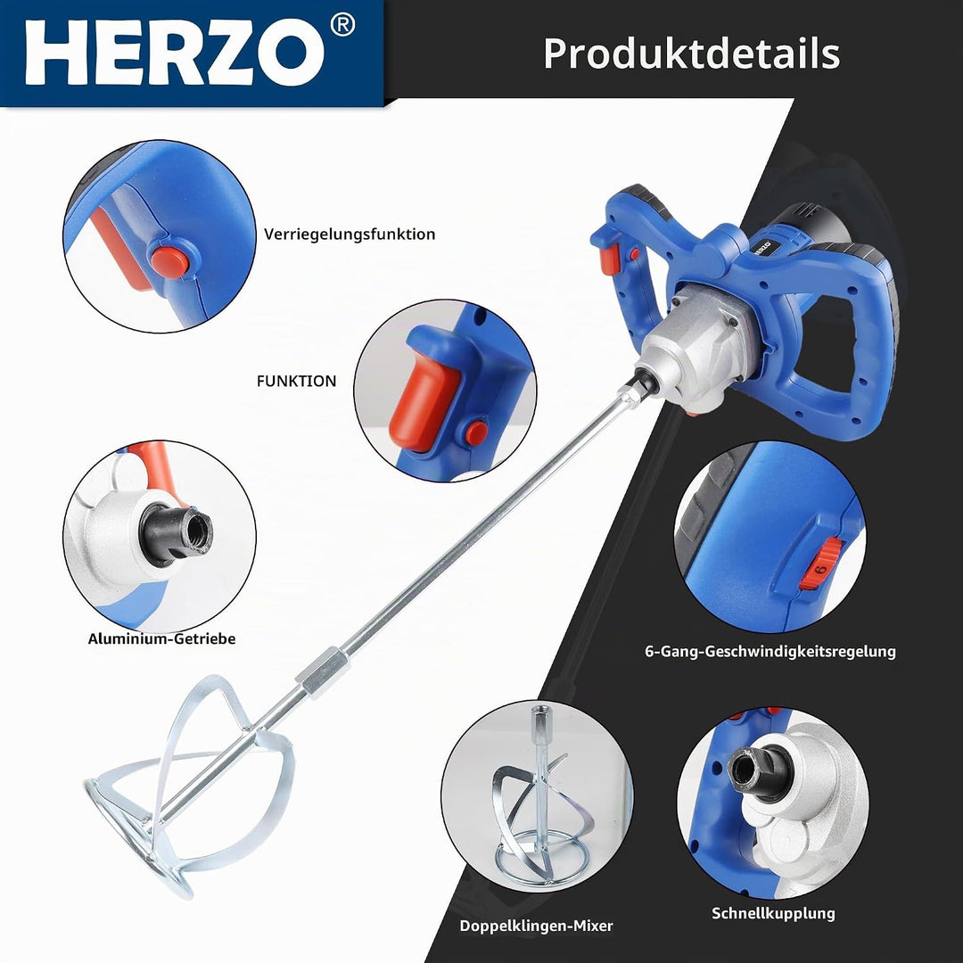 HERZO Rührwerk 1300W,Metallgetriebe,Rühreraufnahme M14, Rührer ø 120 mm für Mischgut Beton, Mörtel,