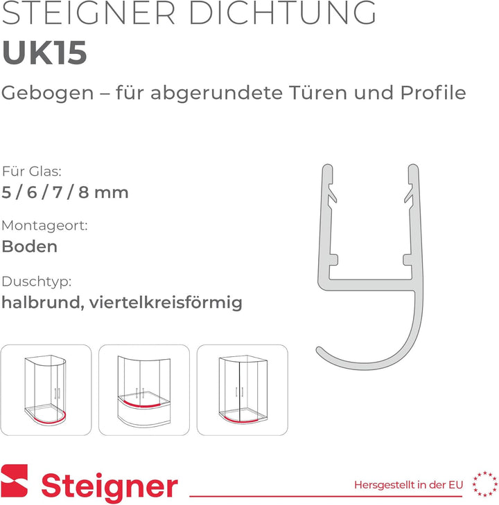 STEIGNER Duschdichtung, 120cm, Glasstärke 5/6/ 7/8 mm, Vorgebogene PVC Ersatzdichtung für Runddusche
