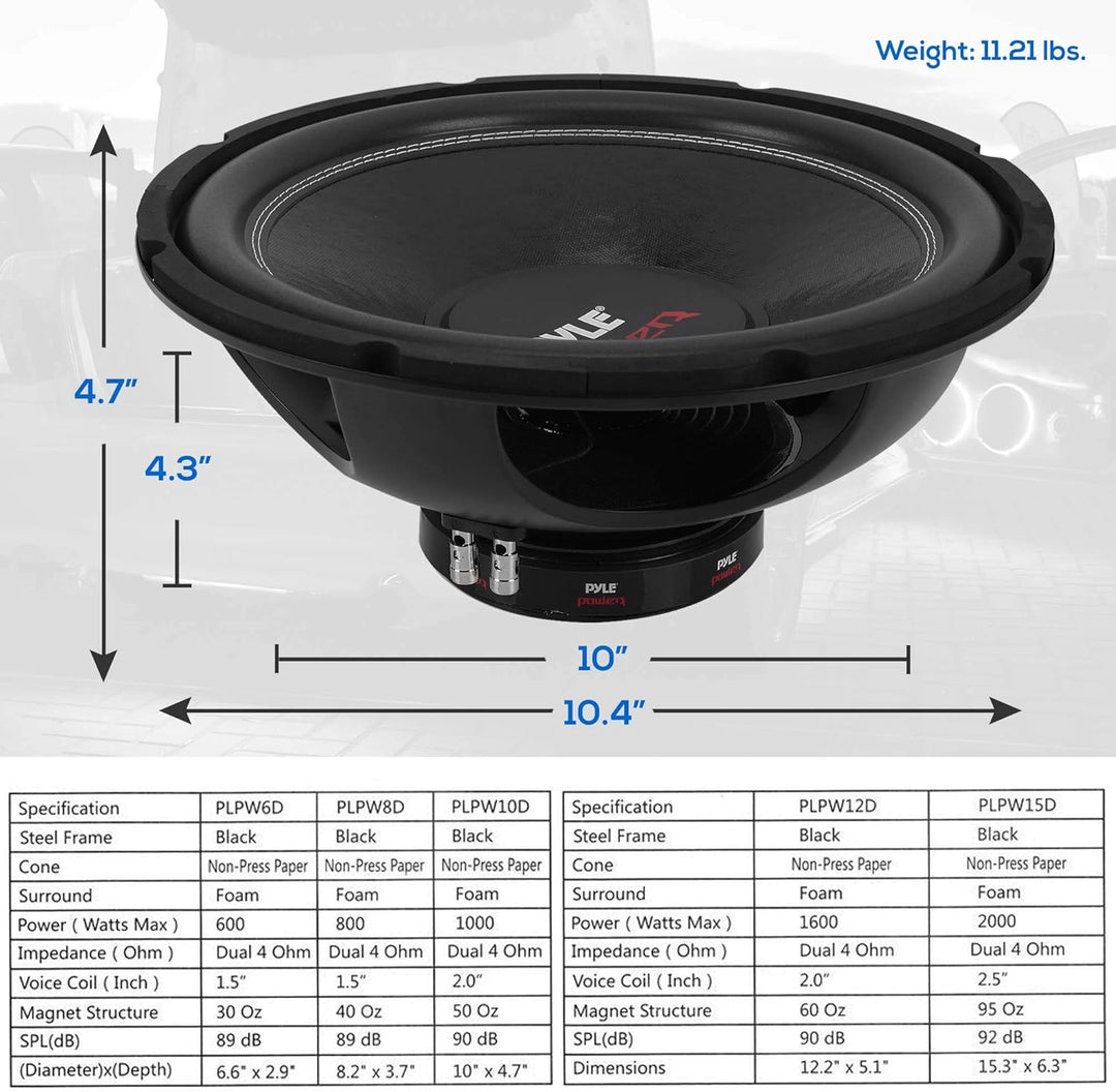Pyle PLPW10D Subwoofer 1000 W 25,4 cm, Doppelschwingpule, 4 Ohm