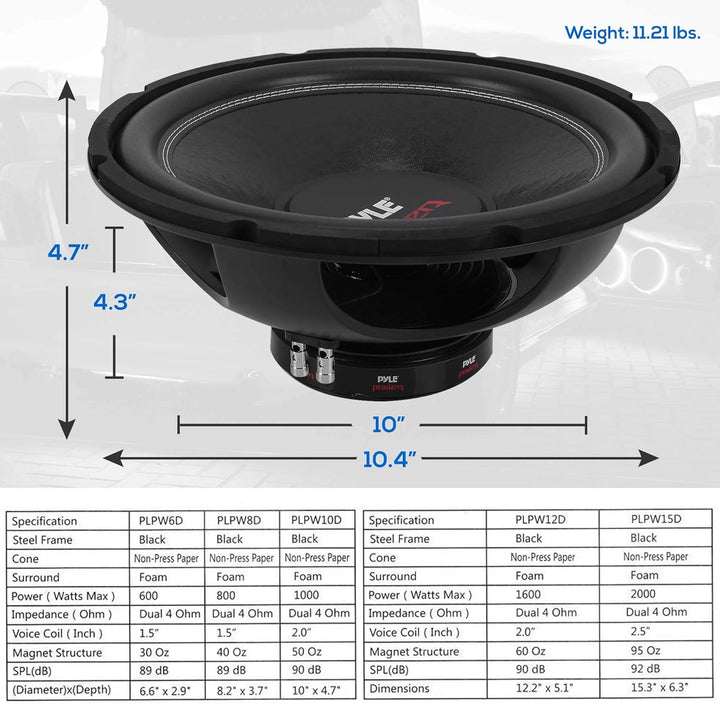 Pyle PLPW10D Subwoofer 1000 W 25,4 cm, Doppelschwingpule, 4 Ohm