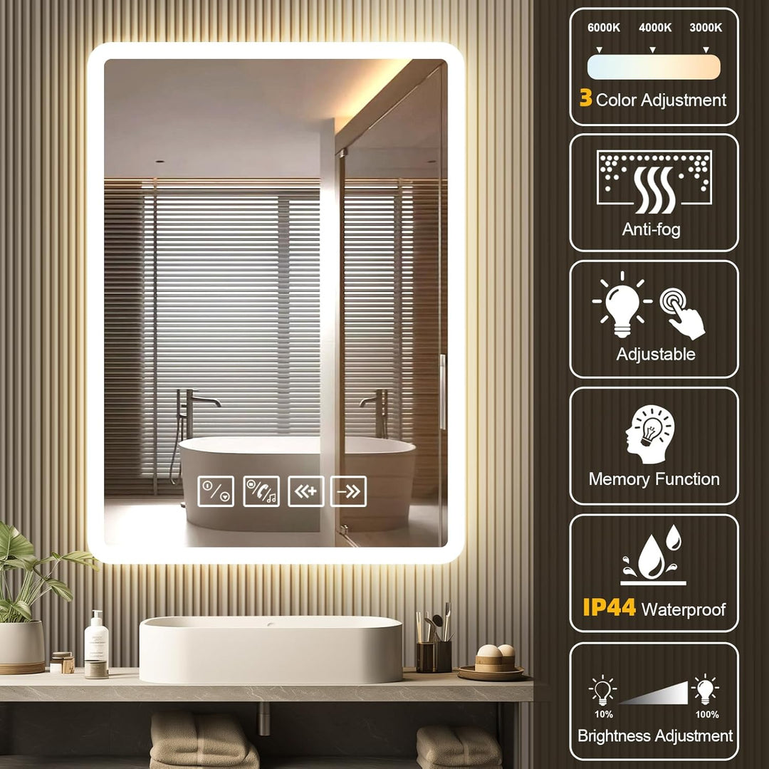 Badspiegel mit Beleuchtung mit Bluetooth Lautsprecher 50x70cm,Runden LED Badezimmerspiegel mit Entfo