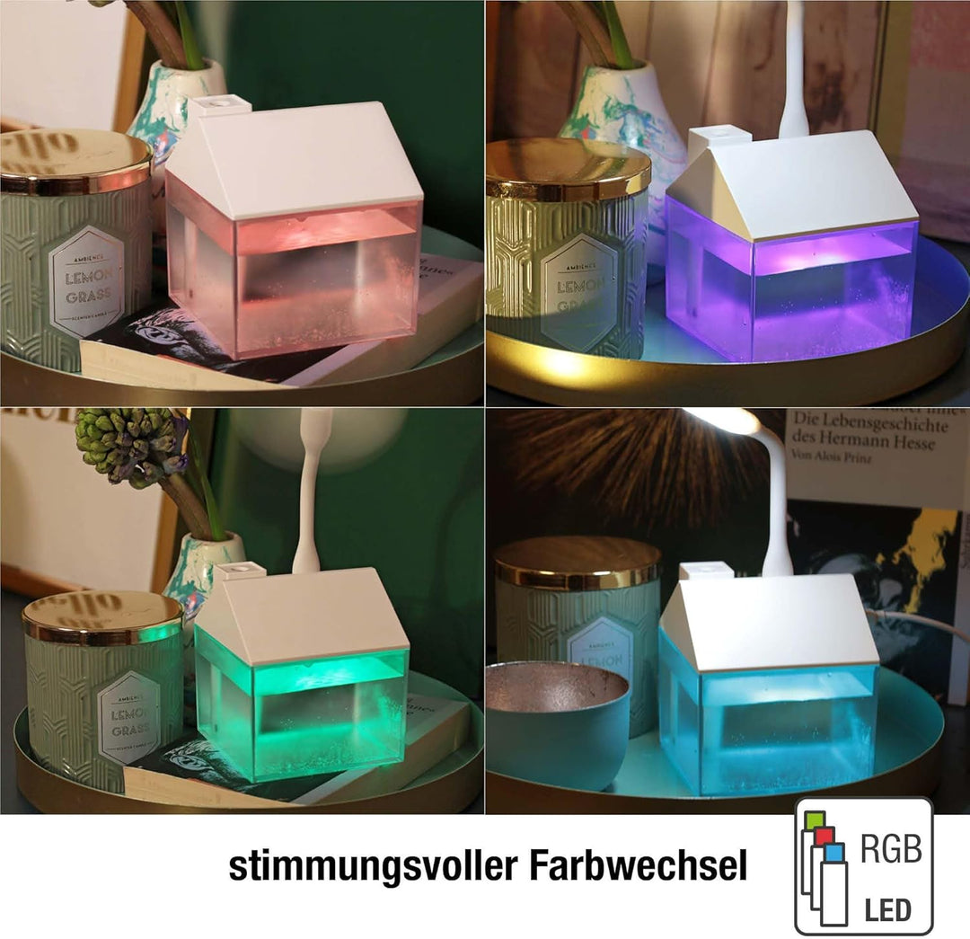 Hellum Luftbefeuchter dekorativ, tragbar in weiss, Diffuser in Form eines Haus 8,4x9,5cm gross, süss