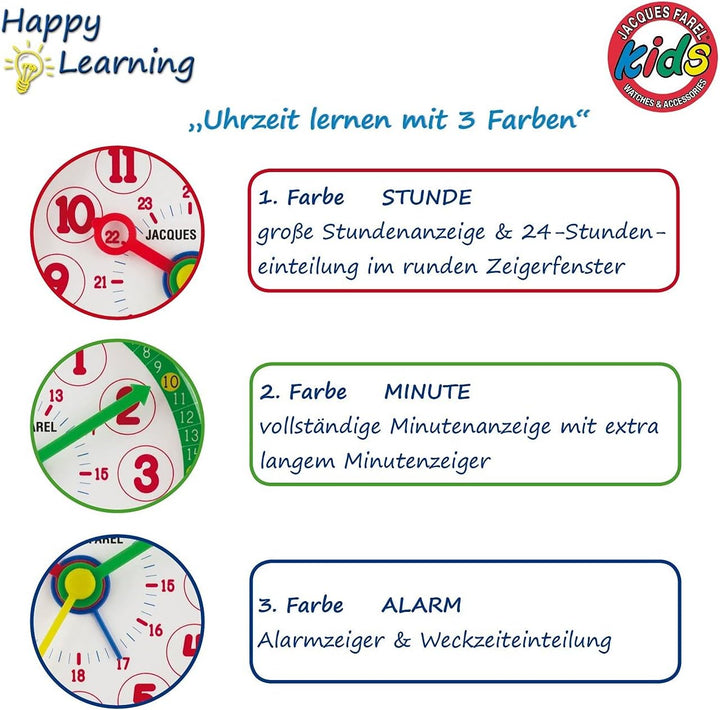 JACQUES FAREL Happy Learning Kinder-Wecker Lernwecker Mädchen Junge Rot Grün ohne Ticken mit Licht u