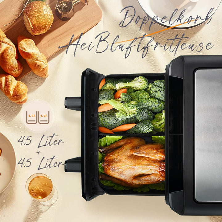 Heissluftfritteuse 9 L Doppelkammer Airfryer – 2200 W Starke Leistung, Sichtfenster, Farb-LED-Displa