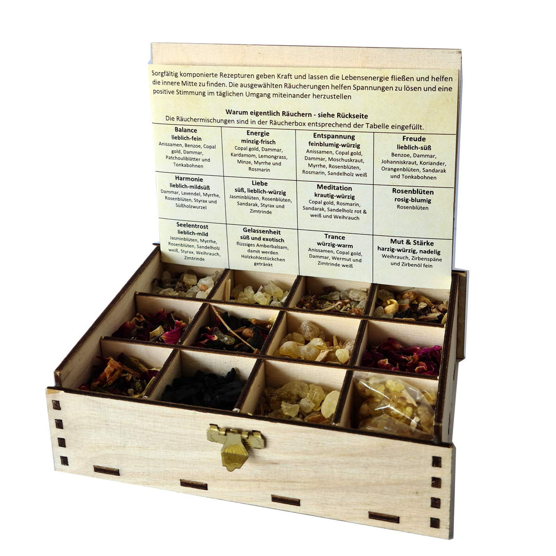 Räucherbox Geschenkbox mit 12 Sorten Räuchermischungen Räucherwerk für die Seele, 14 x 10 x 4 cm, R&