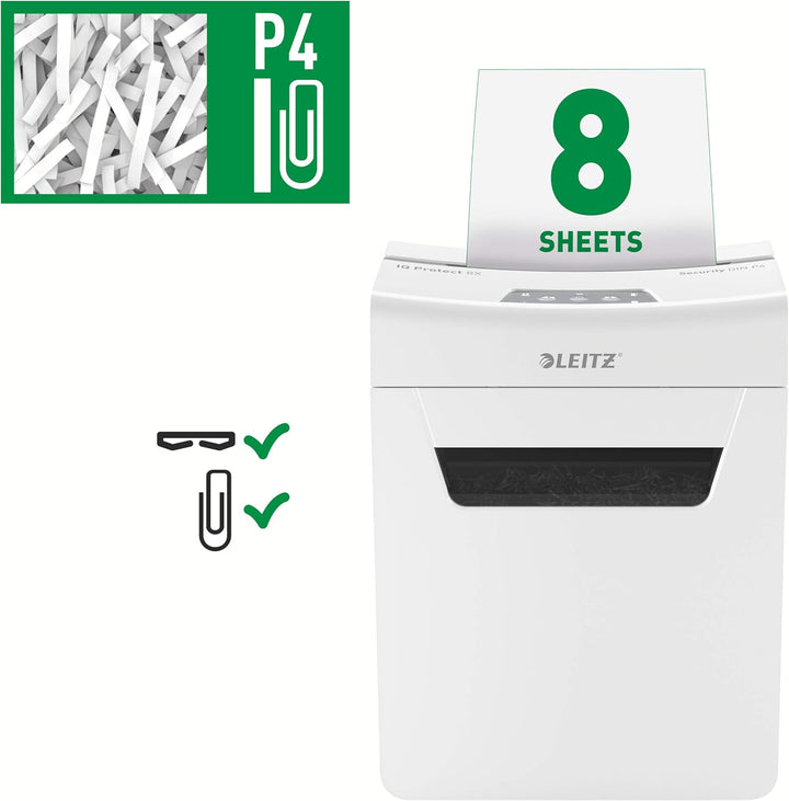 Leitz IQ 8X Premium Aktenvernichter P4 fürs Büro und Zuhause, Partikelschnitt, 9-8 Blatt (70-80 g/m²
