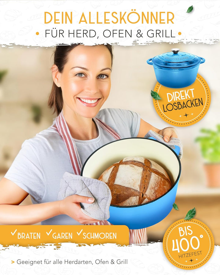Gusseisen Topf Brot Backen emailliert im XXL Set - Brotbackform mit Deckel inkl Gärkorb, Schneebesen