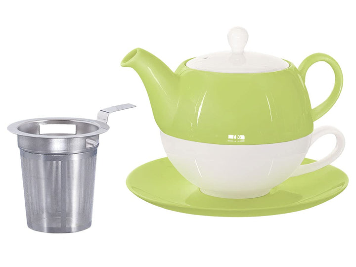 Tea for One mit Sieb Lena 500ml aus Crystal Bone China Porzellan in grün. Teekanne + Teetasse + Unte