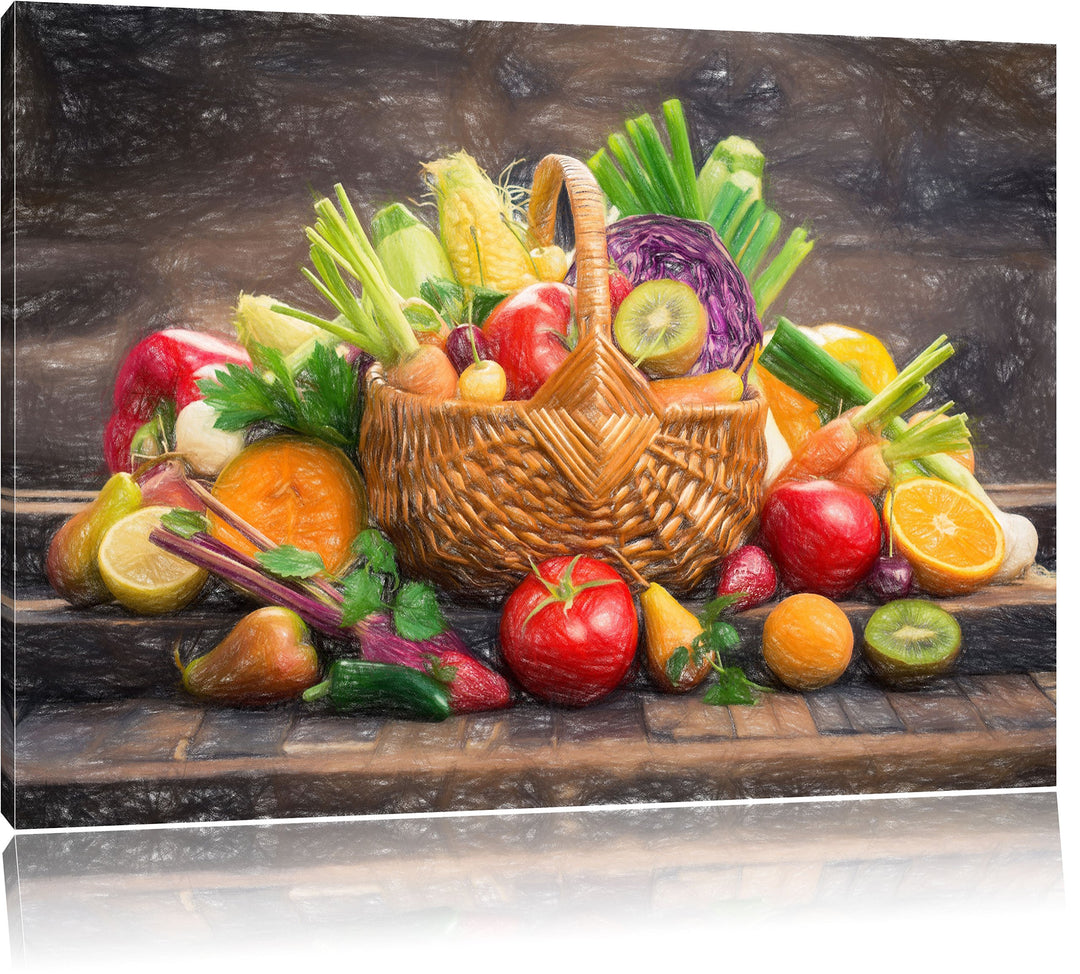 Pixxprint Frisches Obst und Gemüse im Korb Kunst Buntstift Effekt, Format: 100x70 auf Leinwand, 100x