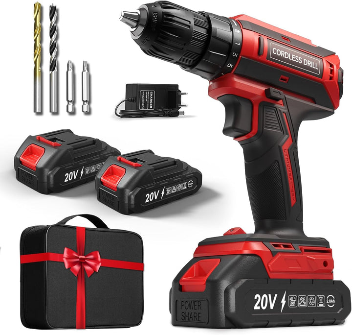 Akkuschrauber mit 2x 2000mAh Akkus, 20V Akku Bohrschrauber Set 42Nm Max, 2-Gang Akku-Bohrmaschine, K