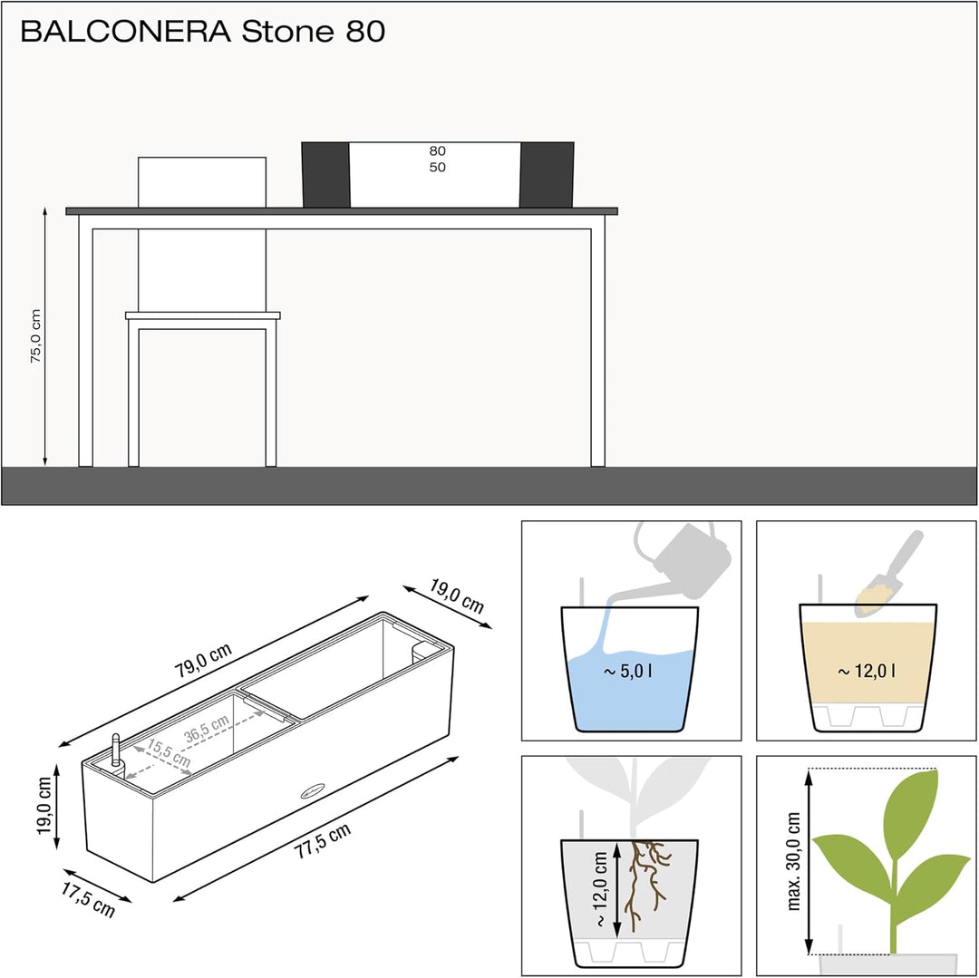 LECHUZA BALCONERA Stone 80 graphitschwarz 15662 79x19x19 cm Graphitschwarz, 79x19x19 cm Graphitschwa