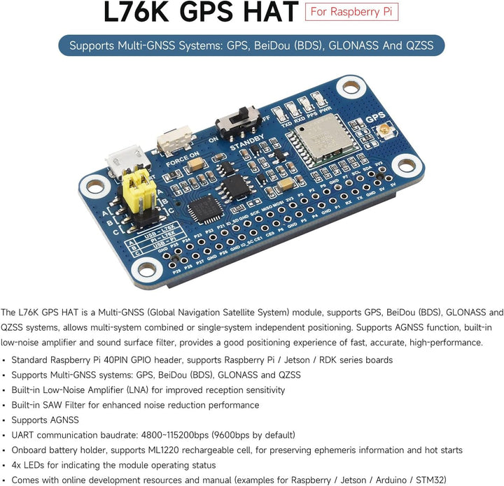 Waveshare L76K GPS HAT for Raspberry Pi, GPS/BeiDou (BDS) / GLONASS/QZSS Support