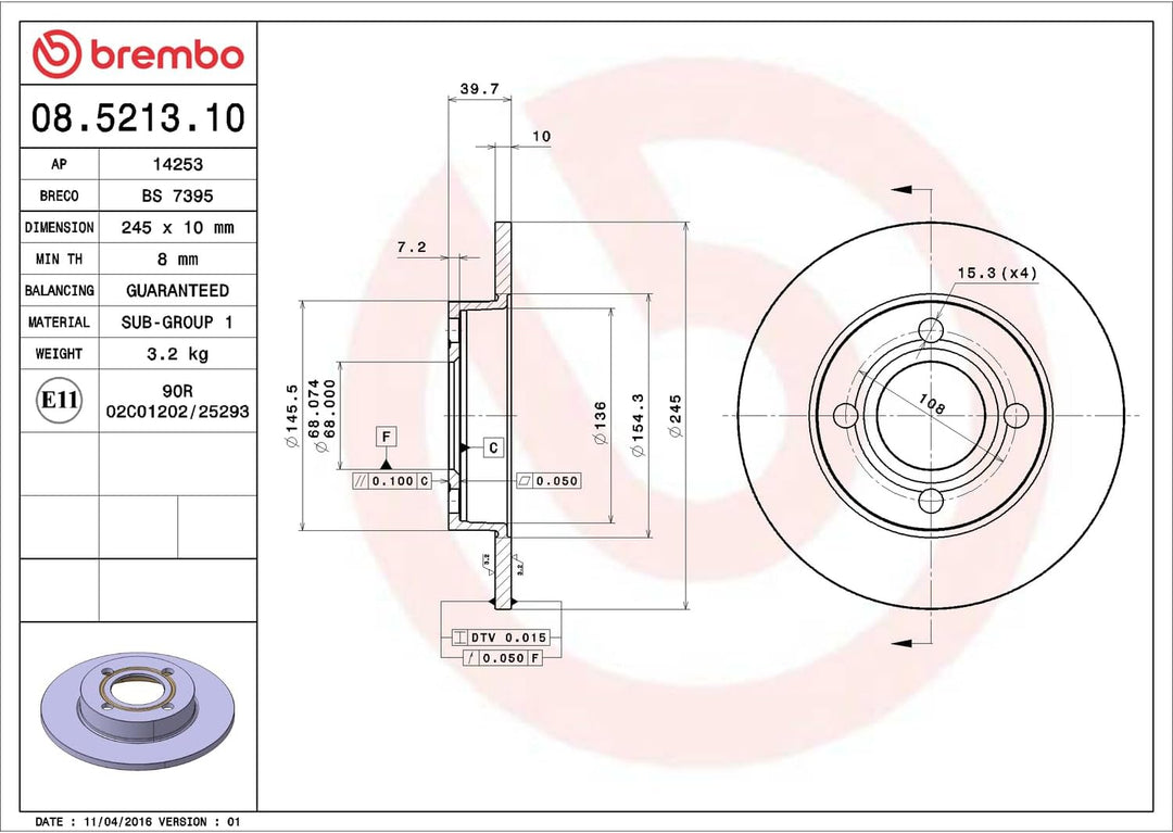 Brembo 08.5213.10 Bremsscheibe - Paar