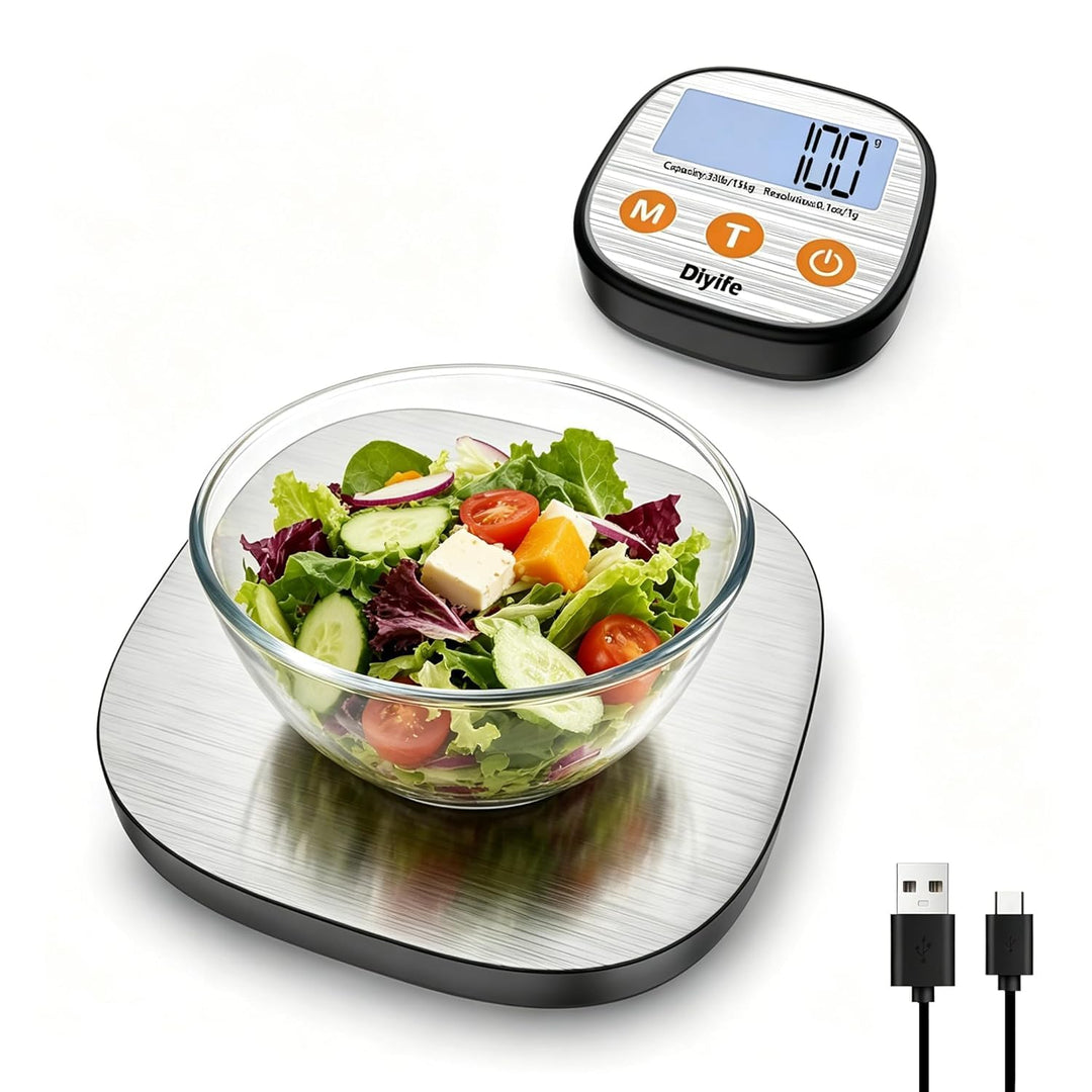 Diyife Aufladen Digitale Küchenwaage 15kg mit Geteilt LCD-Display, Grammwaage Hochpräzise 1g, 304 Ed