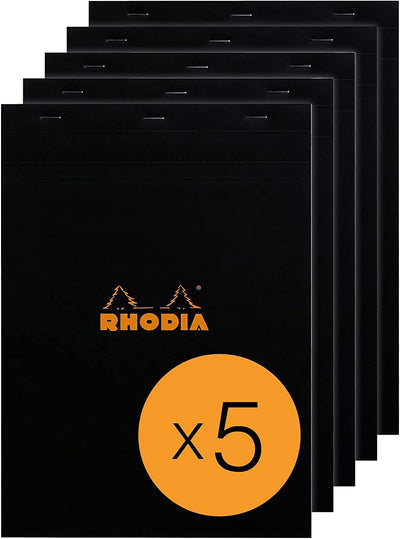 Rhodia 182009C - Packung mit 5 Notizblöcken geheftet No.18, DIN A4 80 Blätter kariert 80g, Schwarz,