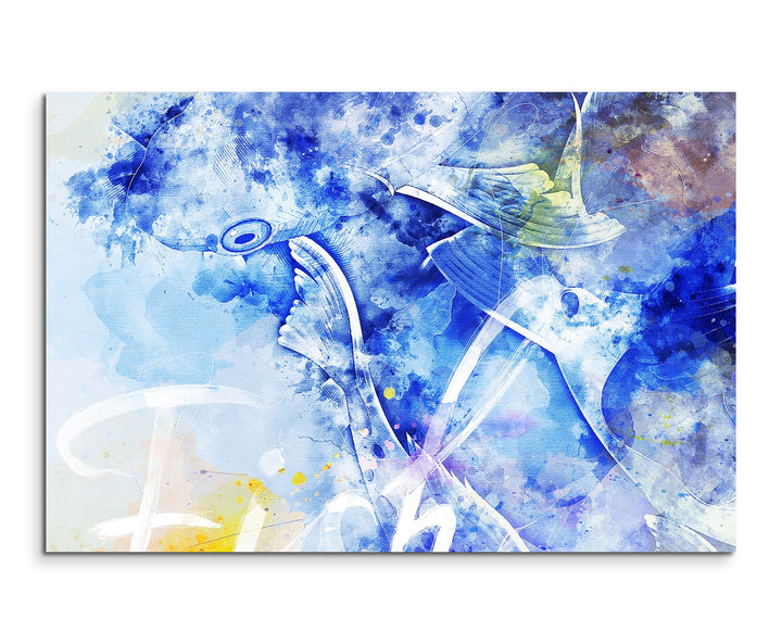 Paul Sinus Art Bild Leinwand 120x80cm Koi in Blautönen mit Kalligraphie, 120x80cm