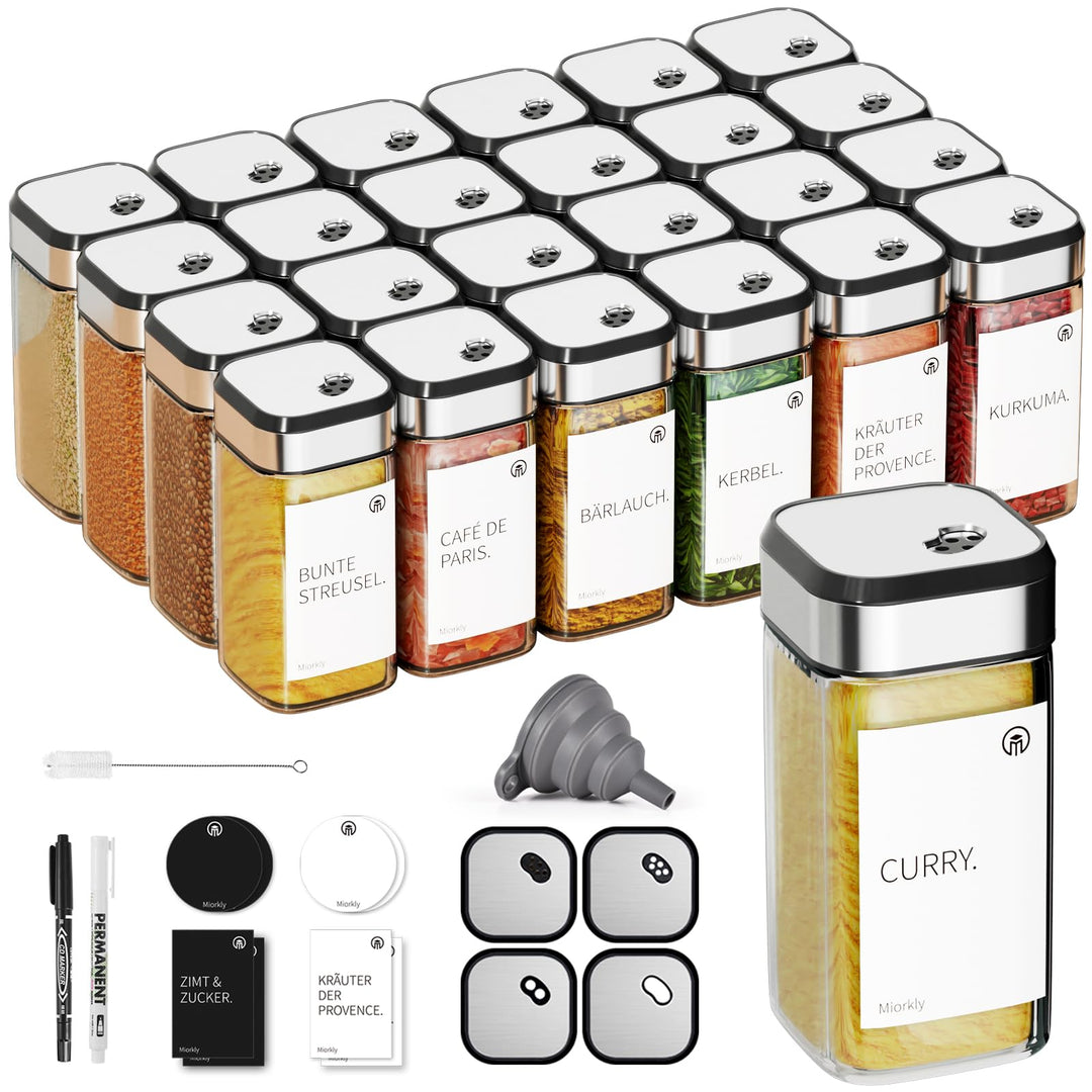 Miorkly Gewürzgläser Eckig mit Streueinsatz 24er, Gewürzstreuer Glas 120 ml-Gewürzdosen set-Gewürz O