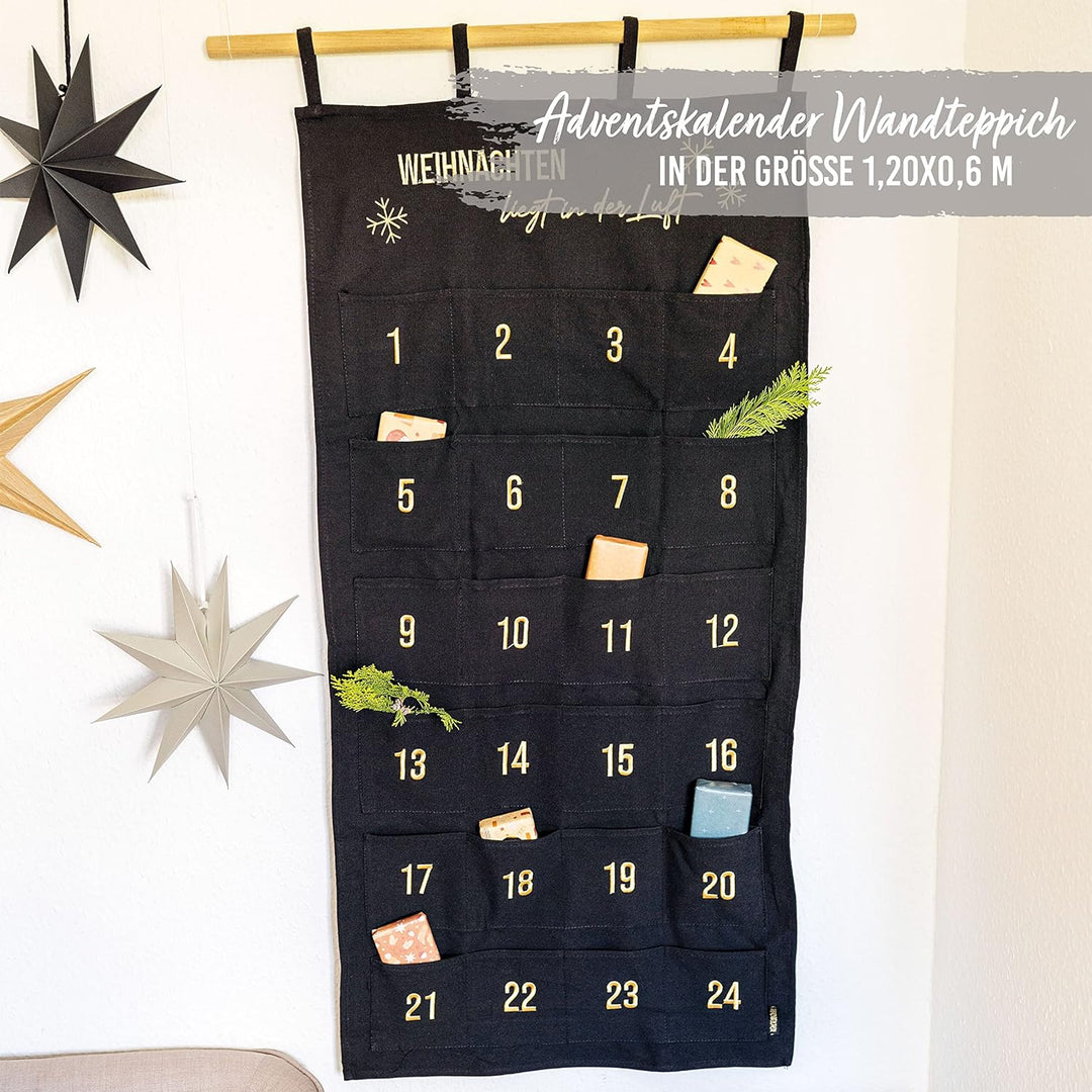 Papierdrachen Adventskalender 2023 als Wandkalender aus Stoff zum Befüllen - schwarz & gold - hochwe