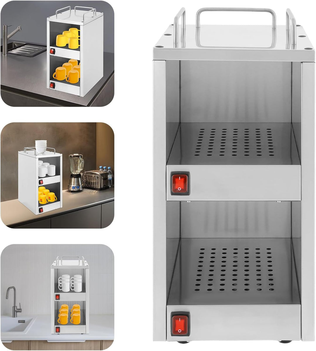 Tassenwärmeschrank Edelstahl Freistehend, Tassenwärmer-Schrank mit 2 Heizfächern & 75°C (167°F), Dop