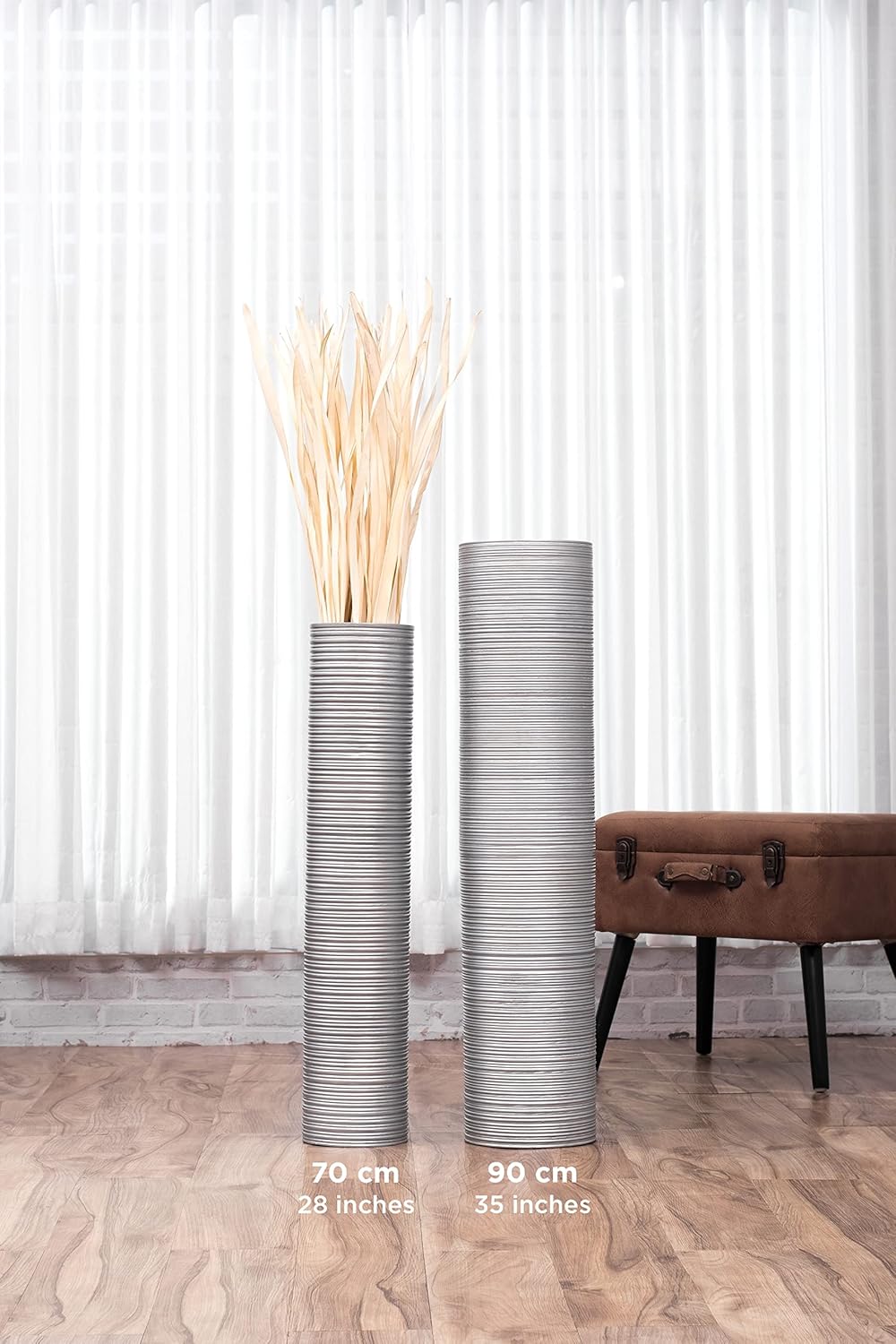 Leewadee Grosse Bodenvase für Dekozweige hohe Standvase Design Holzvase, Holz, 90 cm, Silber 90 cm S