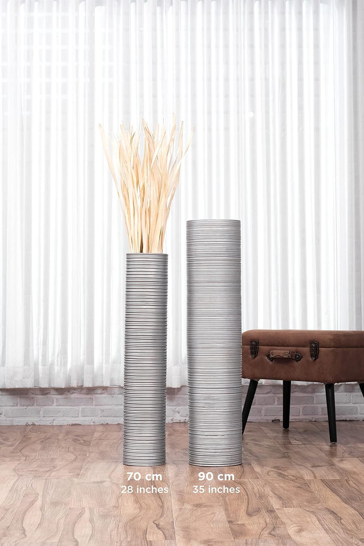 Leewadee Grosse Bodenvase für Dekozweige hohe Standvase Design Holzvase, Holz, 90 cm, Silber 90 cm S