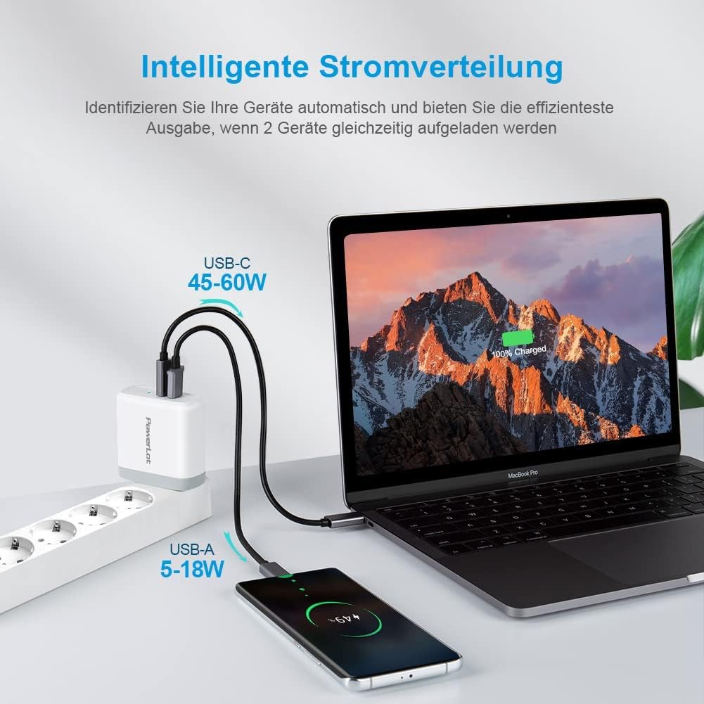 PowerLot 60W USB C Ladegerät mit GaN Tech PD 3.0 Netzteil, Schnellladegerät Kompatibel mit MacBook P