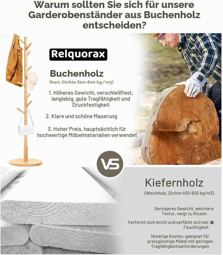 Garderobenständer, Kleiderständer aus Buchenholz Massivholz in Baumform für Kleidung, 9 Haken, 185 x