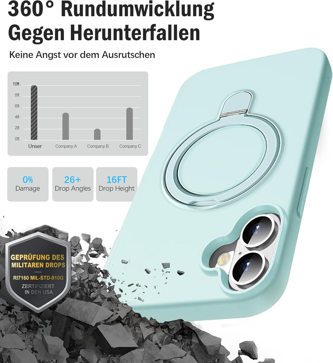Handyhülle für iPhone 16 Hülle mit 2 Stück Schutzfolie, Silikon Case mit Magnetisch Ring Ständer Und