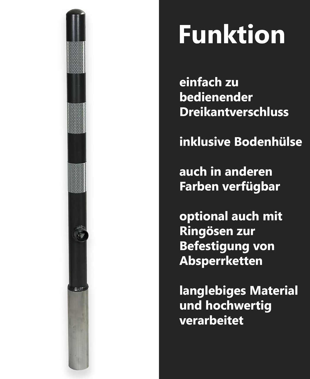 ES-Team UVAP80 Absperrpfosten Ø60mm x 1200 mm Stahl verzinkt, Herausnehmbar DIN 3223 Dreikant und ex