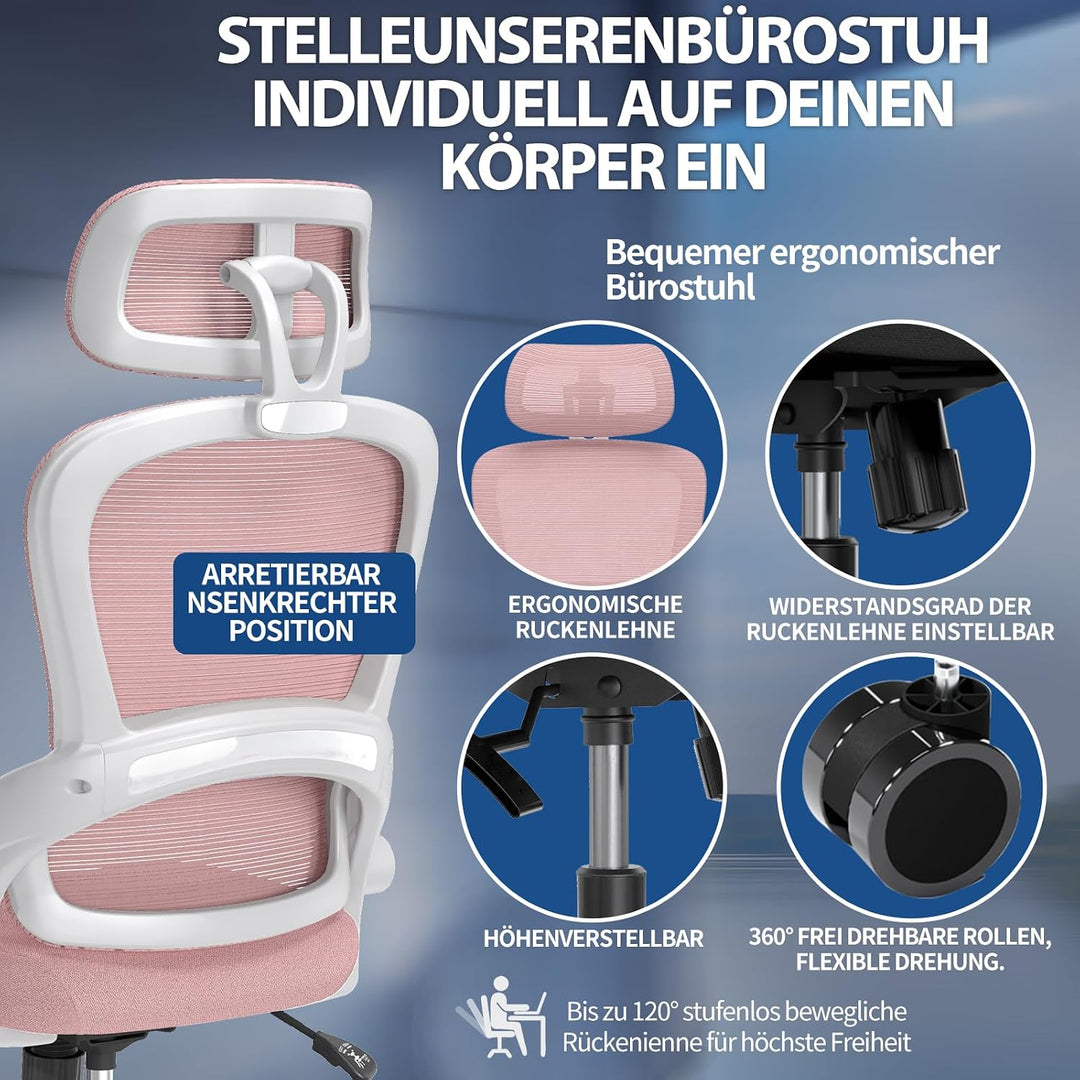 TRALT Ergonomischer Bürostuhl - Schreibtischstuhl mit Verstellbare Kopfstütze Höhenverstellbarer Bür