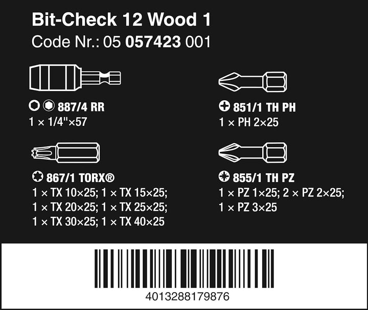 Wera Bit-Sortiment, Bit-Check 12 Wood 1, 12-teilig, 05057423001, 1