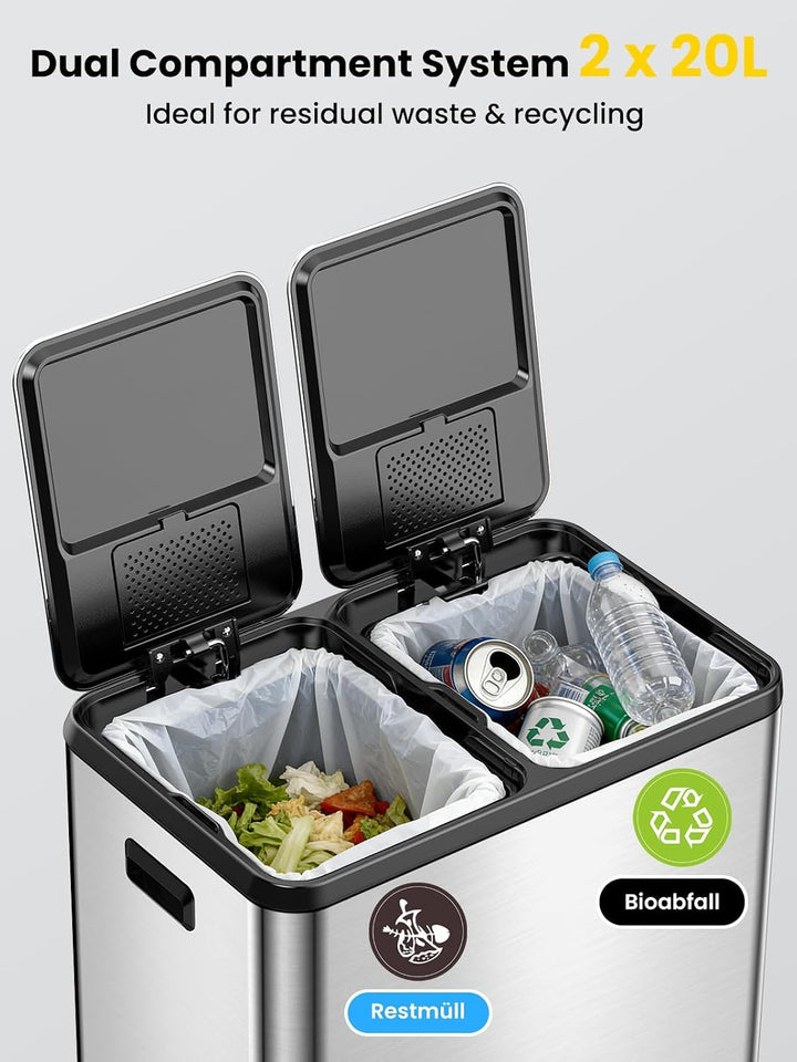 YEAUPE PRO Mülleimer Küche 40L (2x20L), Edelstahl Treteimer mit Fusspedal,Doppel Mülltrennung,Heraus