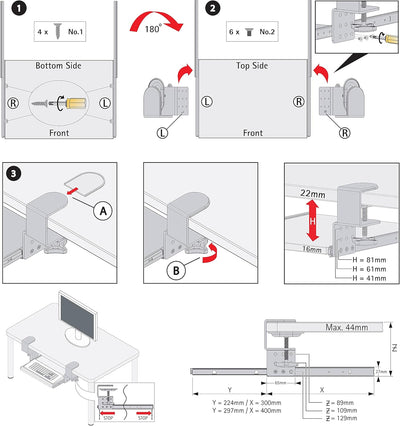 FIX&EASY Tastaturauszug klemmbar mit Tastaturablage 800X300mm weiss Dekor, Tischklemmen höhenverstel