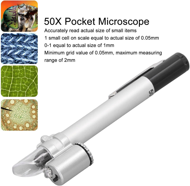 Taschenmikroskop mit LED Licht, 50X Stift Typ Mikroskop Pocket Microscope Magnifier, handmikroskop T