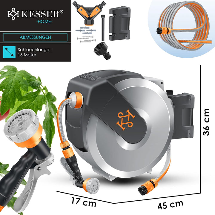 KESSER® Schlauchtrommel mit Gartenschlauch 15m | Wasserschlauchtrommel zur Wandmontage | Wandhalteru