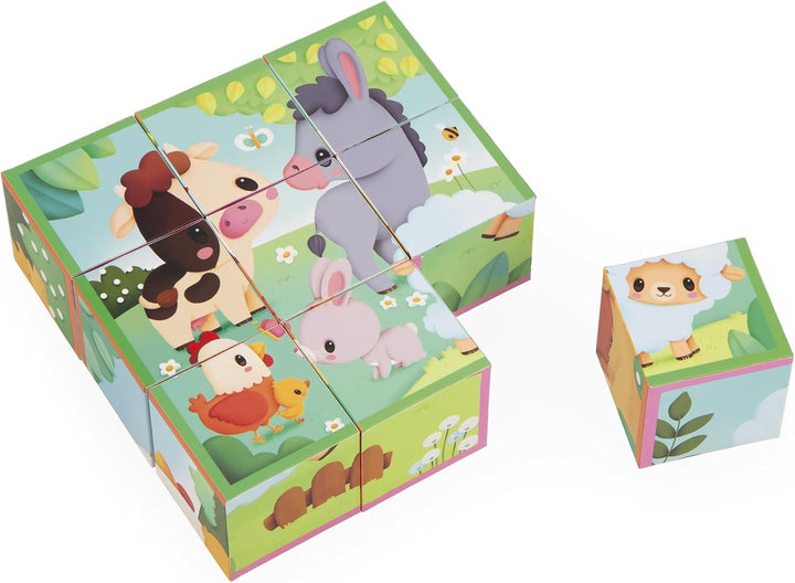 Janod - Würfelpuzzle für Kinder und Babys aus Karton - Thema Bauernhof - 9 Würfel und 6 mögliche Puz