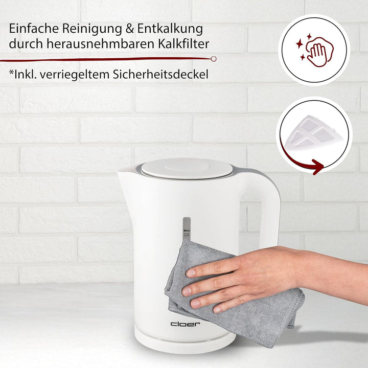 Cloer 4111 Wasserkocher, 2200 W, grosse Wasserstandsanzeige, Trockengeh- und Überhitzungsschutz, 1,7