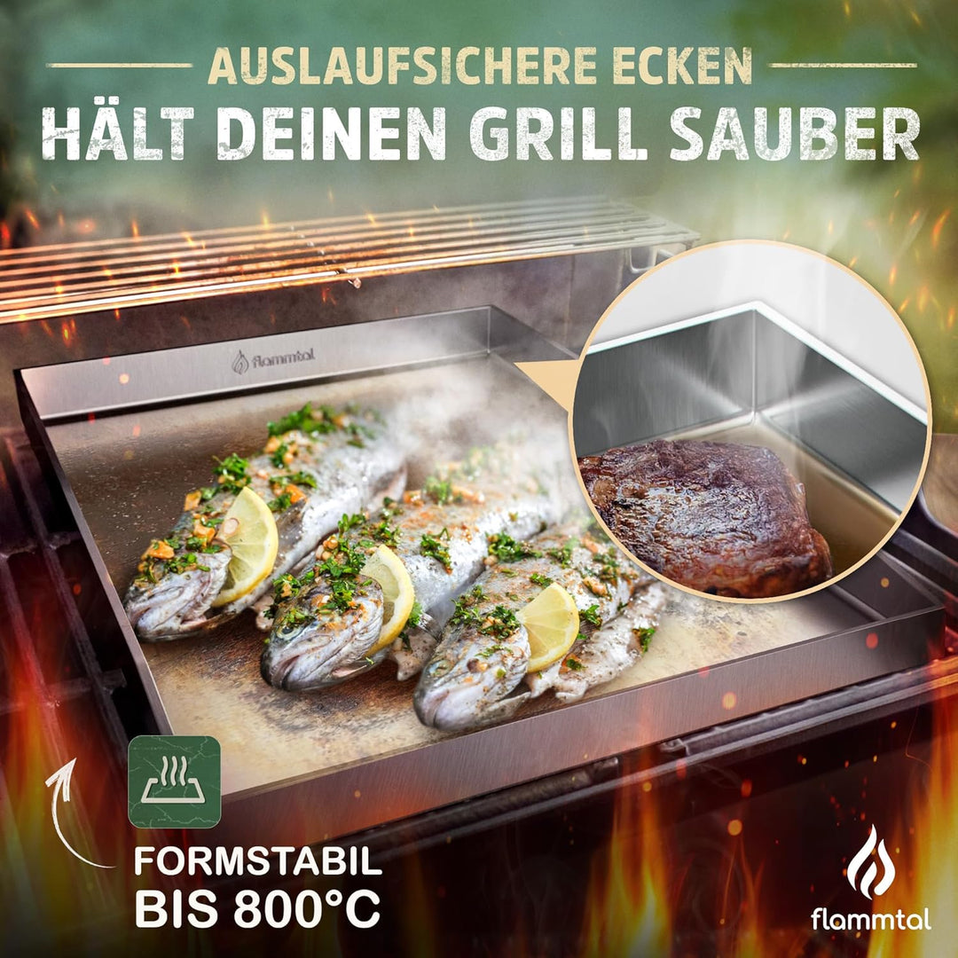 Grillplatte aus 4mm rostfreiem Edelstahl [40 x 30cm] - Plancha mit Grillspachtel Set & Burgerpapier