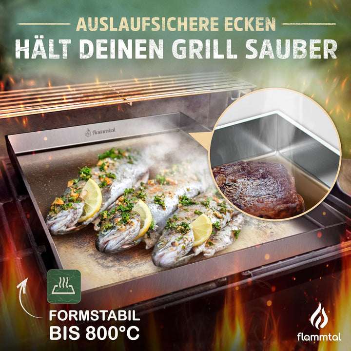 Grillplatte aus 4mm rostfreiem Edelstahl [40 x 30cm] - Plancha mit Grillspachtel Set & Burgerpapier